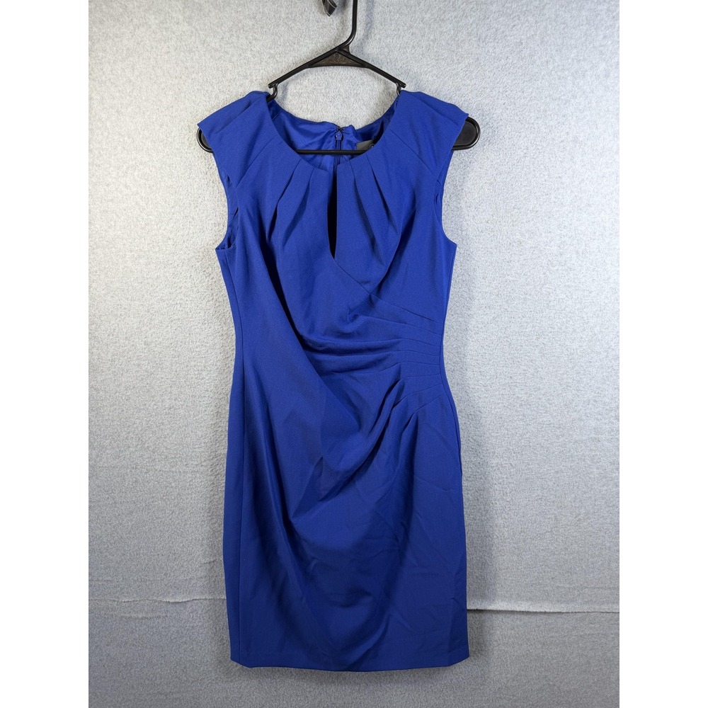 Adrianna Papell Dress Womens 4 Blue Pleated Sheath Keyhole Neck Cocktail Party
